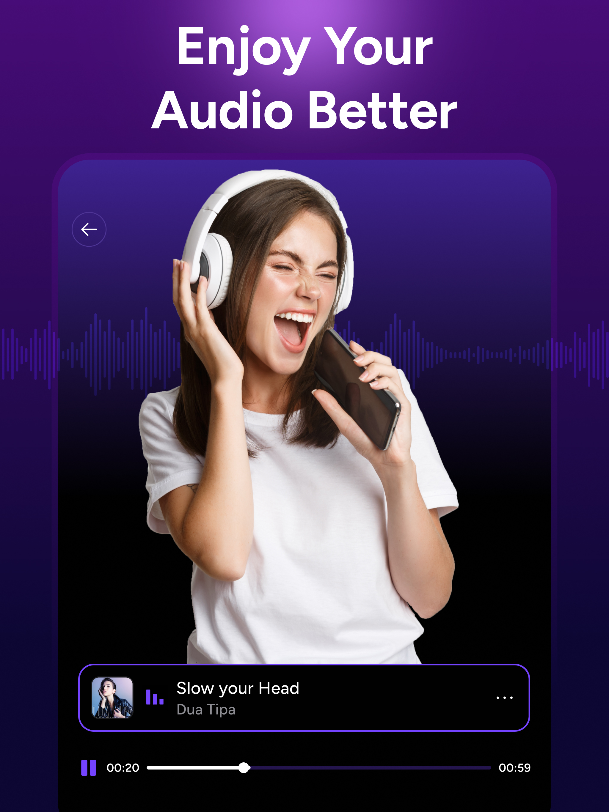 Volume booster app interface showing bass boost and audio equalizer controls for Android and iPhone